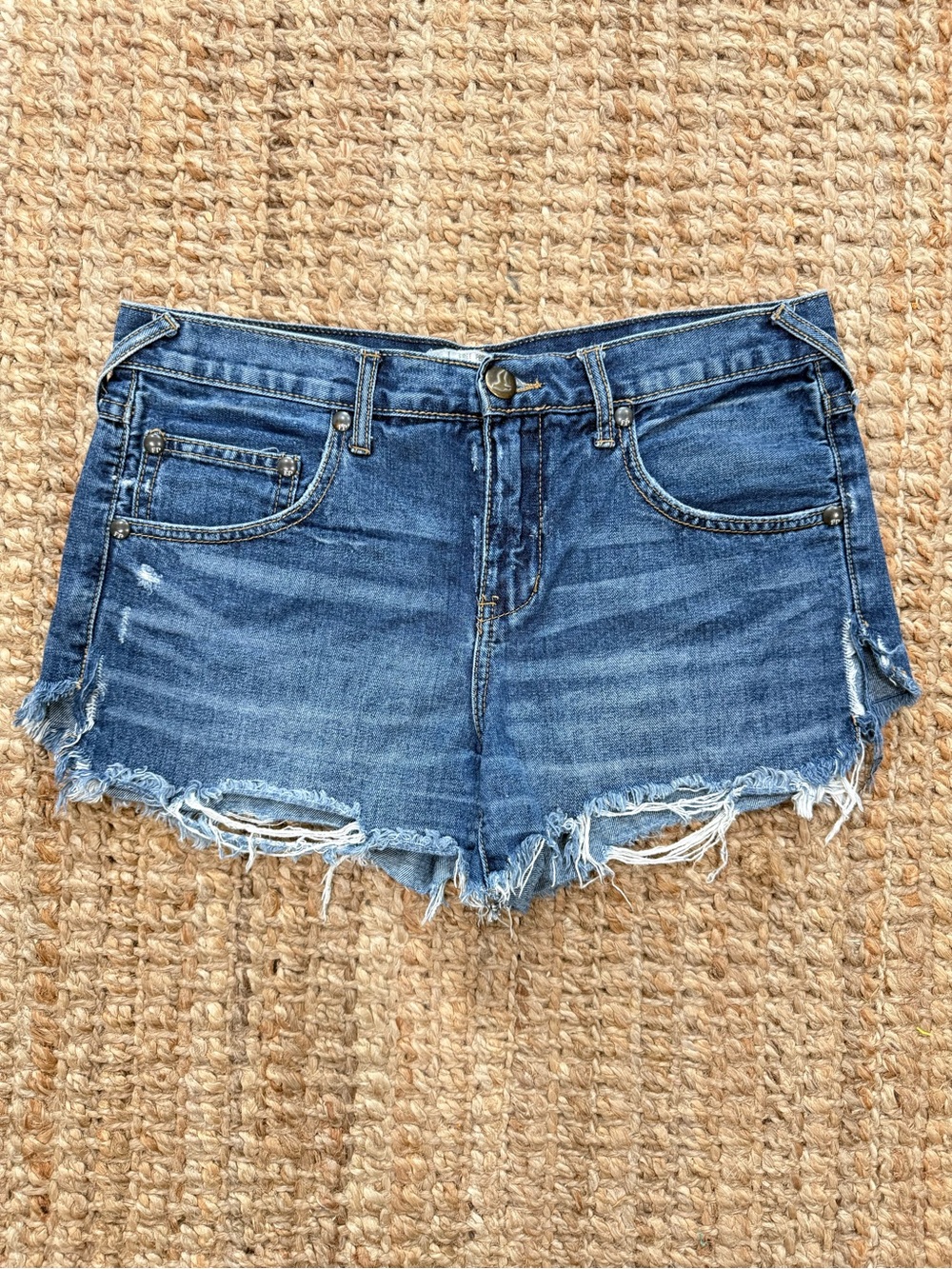 Free People Medium Blue Distressed Denim Cutoff Shorts